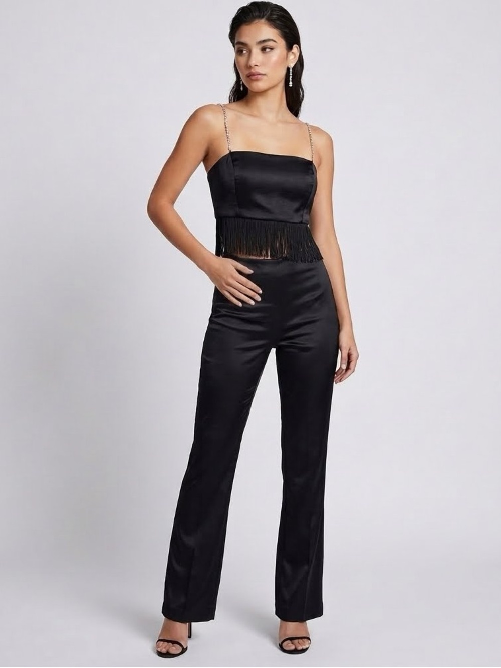 Black Satin Crop Top Rhinestone Strap Fringe Hem Party Going Out Camisole 8